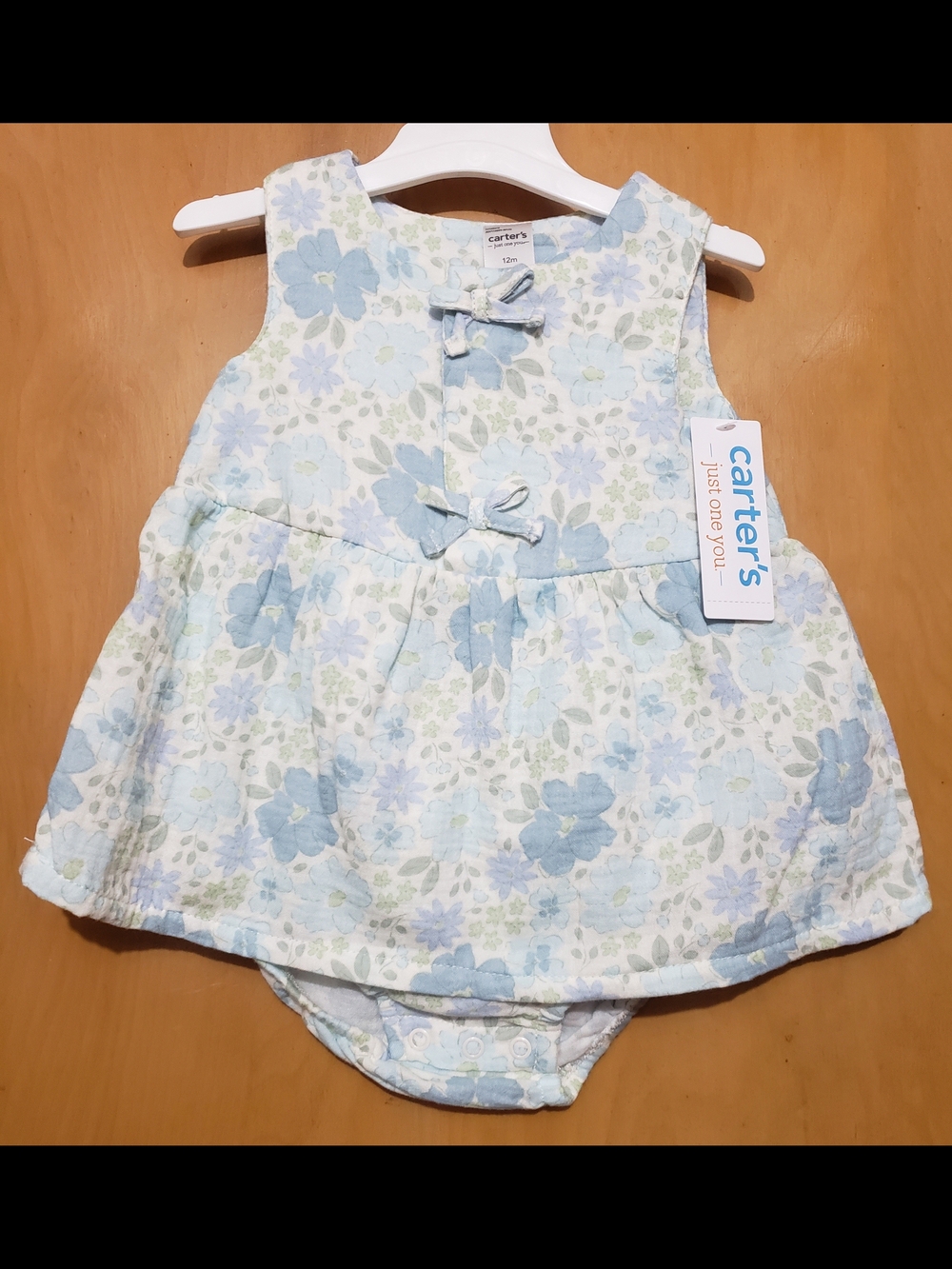 Carter's Light Blue and White Floral Romper Dress with Front Bows